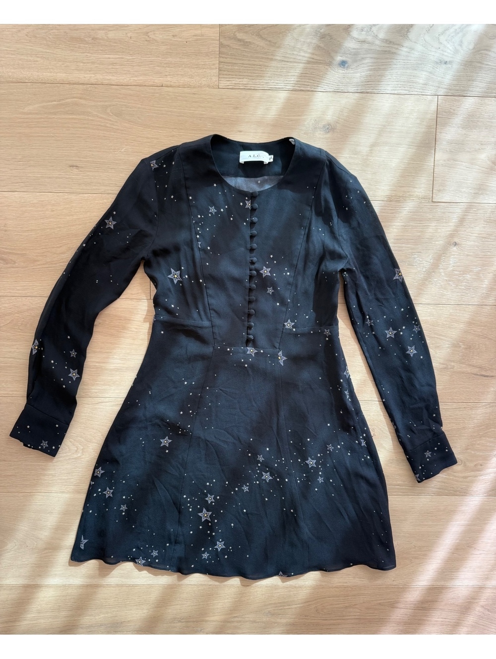 A.L.C. Black Star Print Silk Long Sleeve Mini Dress Size 2